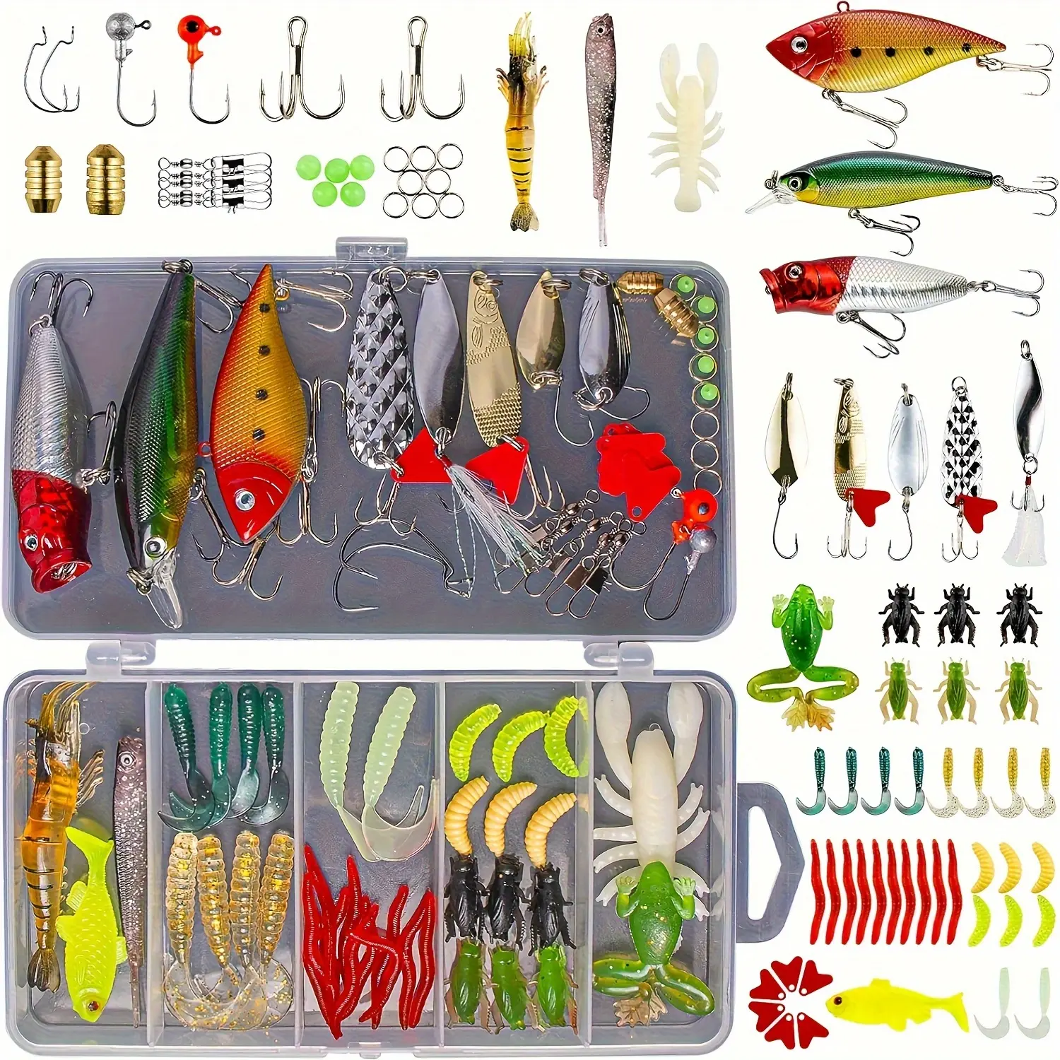 78-Piece Assorted Fishing Lures Kit, Tackle Box with Soft Plastic Baits, Crankbaits, and Jigs, Freshwater Accessories for Bass and Trout, Soft Plastics, Bass Trout, Fishing Equipment, 78Pcs