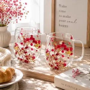 2-Pack Anti-Scald Transparent Glass Cups, Embedded Eternal Flower Design, Heat & Cold Resistant Mugs for Home & Office. Thickened Anti-Slip Base & Wide Mouth, Ins Style Couple & Mother's Day Gift Set.