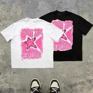 [Copy of] Mens dark street‑style pink star distressed brushstroke Y2K graphic 100%25 cotton T‑shirt. TikTok 2026 trend—loose oversize urban punk streetwear casual short sleeve