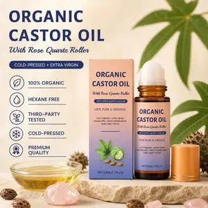 Organic Golden Castor Oil Roll-On with Rose Quartz| USDA Certified, Cold-Pressed, Hexane-Free| Less Mess Applicator for Castor Oil Packs, Skin, Brows & Lashes