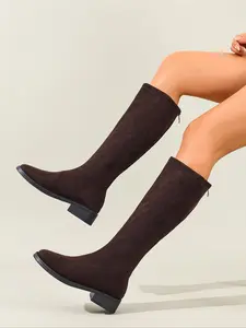 Women's Fashionable Brown Suede Knee - High Boots, Elegant Boots, Block Heel, Thick heeled boots, Comfortable Footwear, Anti - Slip Rubber Sole, Ideal for Daily Errands and Casual Occasions, Trendy Round - Toe Shoes, Fur Boots