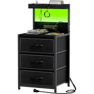 LED Nightstand with  Station, Night Stand with 3 Drawers and Lights, Storage Side Table with Shelf and Hooks, Tall End Table for Bedside, Bedroom, Modern Black