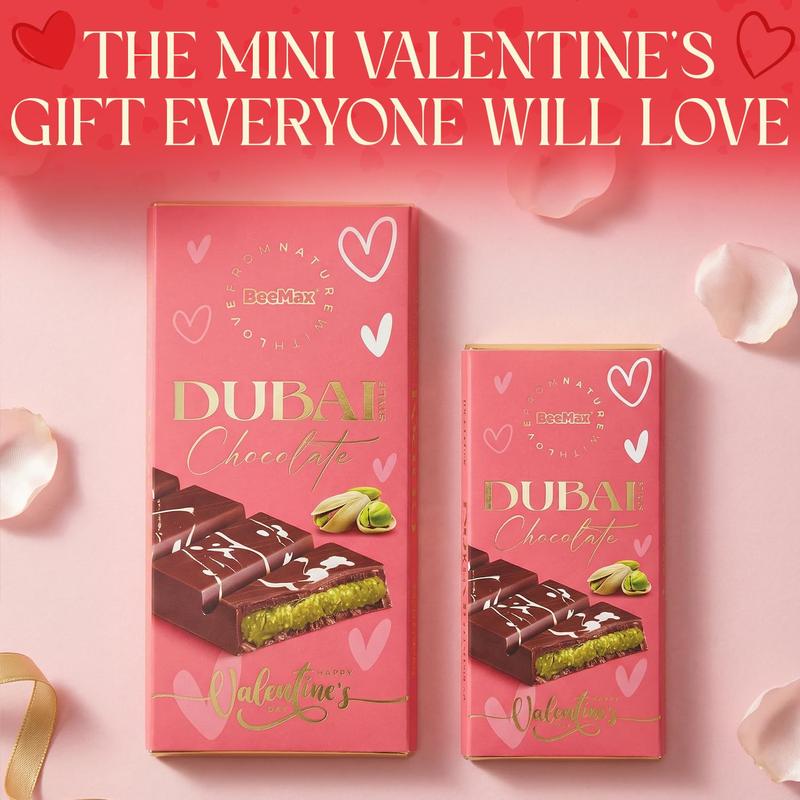 BeeMax Limited Valentine’s Pink Edition Dubai-Style Mini Chocolate Bar - 3.36 oz (Pack of 1) - Premium Milk Chocolate with Kadayif & Pistachios - Middle Eastern Indulgence - Valentine’s Day Gift - Imported from Turkey
