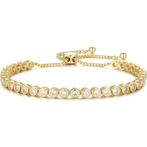 925 Sterling Silver Cubic Zirconia Adjustable Tennis Bracelet for Women, 14K Gold Plated Bolo Slider Bracelet Fine Jewelry Birthday Gifts for Mom Wife Her