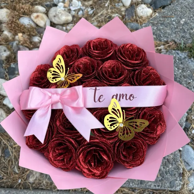 Red Glitter Artificial Roses Bouquet with Te Amo Ribbon and Gold Butterflies for Special Occasions