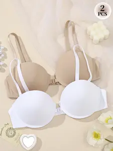 2PCS Women's Underwire Front Buckle Wireless Bra, Add Cup Push-Up Balconette Seamless Invisible Comfortable & Breathable, Adjustable Straps, Backless Daily Wear, Elegant