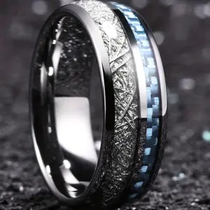 8mm Meteor Shower Silver and Gold Carbon Fiber and Natural Wood Hemispherical Engagement Ring for Men
