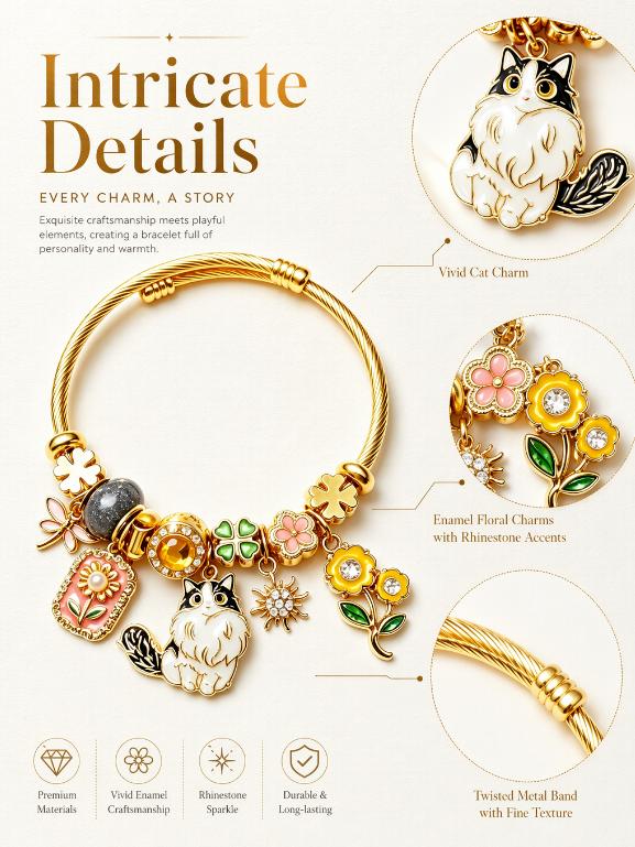 Women's Adjustable Gold-Plated Cat Charm Bangle - Enamel Flower, 4-Leaf Clover, Twisted Cable Wire, Dangle Bead Costume Jewelry Gift