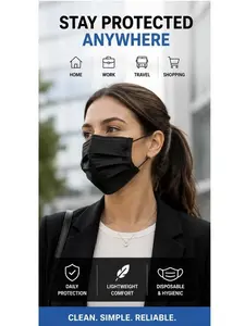 Black Disposable Face Masks (50 Pack) - 3-Layer Protection, Breathable, Lightweight, Soft Ear Loops for Daily Wear