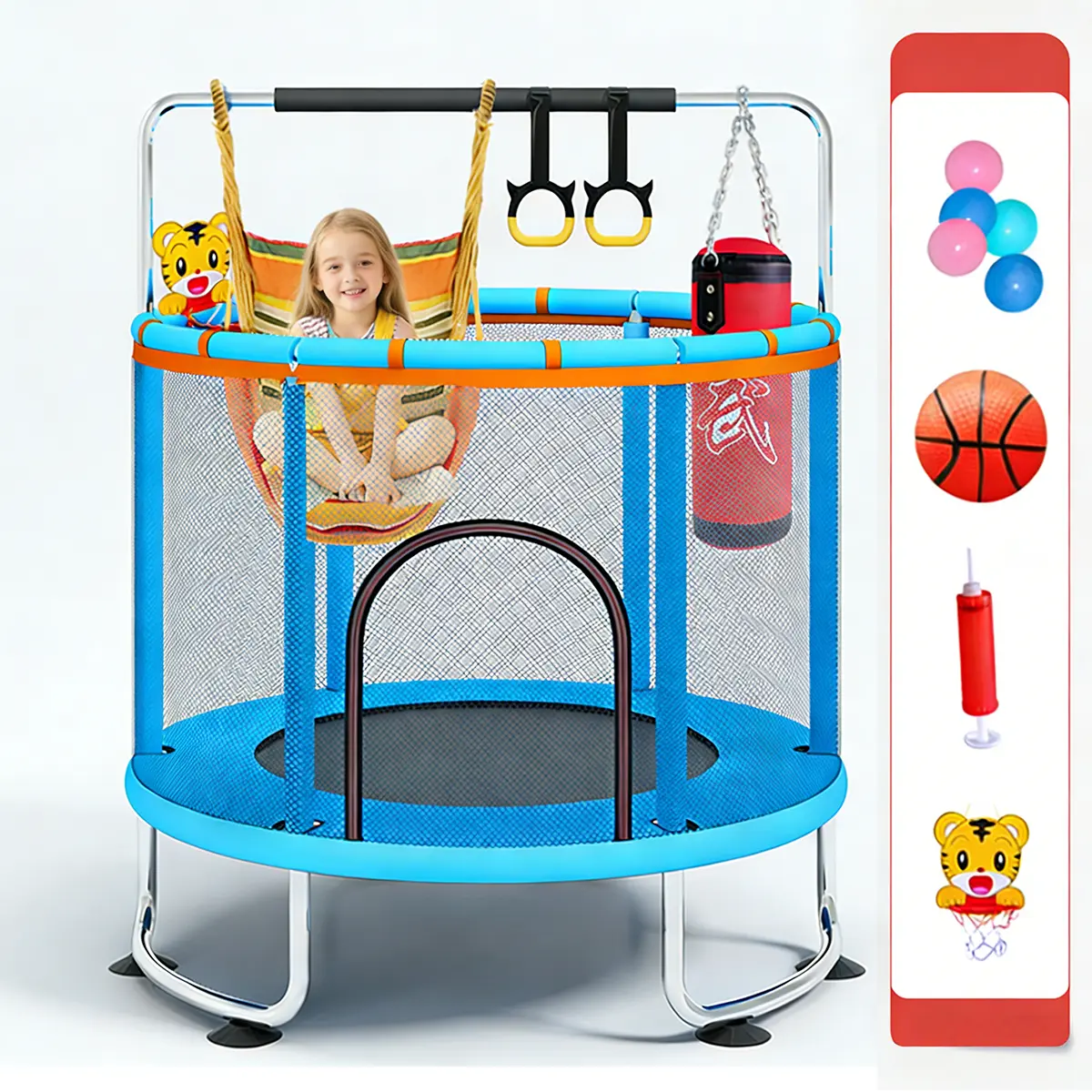 60" Mini Trampoline for Kids, Round Indoor Outdoor Workout Rebounder with Safety Net Enclosure, Swing, Gym Bar, and Basketball Hoop, 500lbs Capacity, Trampoline Workout, Indoor Play On Busy Days, Girl, Boy, Sports, 60 Inches
