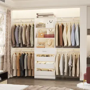 96'' Closet System With 4 Drawers and 4 Hanging Rods, Modern Walk-in Closet Organization Wardrobe with 4 Adjustable Shelving Towers Furniture Design