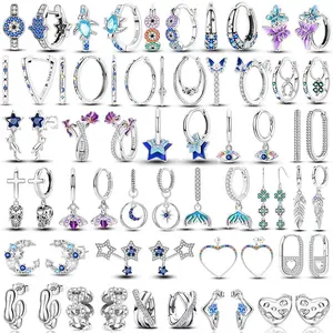 925 Silver Star Round Hoop Earrings Colorful Zirconia Sterling Geometry Circle Earrings For Women Fashion Jewelry Gift