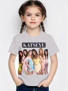 Sweet girl portrait digital printed summer fashion girls' clothing, 100% polyester designed for energetic children, cute girls' short-sleeve T-shirts, summer casual children's clothing, outdoor sports T-shirts