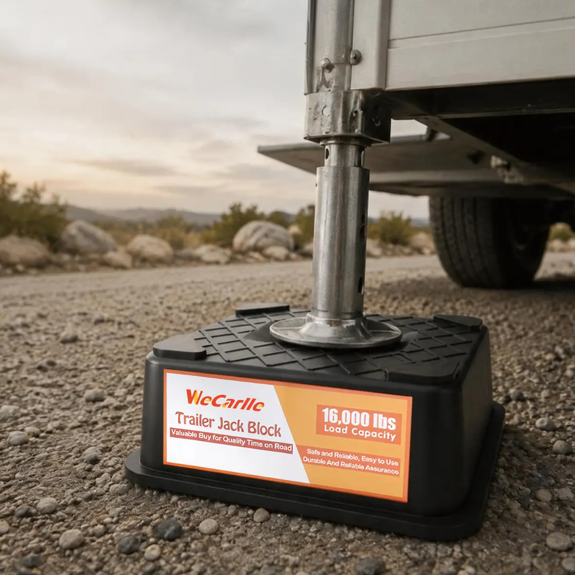 2-Pack High-Density Stackable Polyethylene RV Trailer Jack Blocks - 16000 Lbs Heavy-Duty Hold, 9.2x9.2x3.3in Hydraulic Foot, Square/Round Fit, Steadier Tongue Support, Tire Pressure Gauge, for 5th Wheels/Travel Boat Trailer, Versatile Compatibility