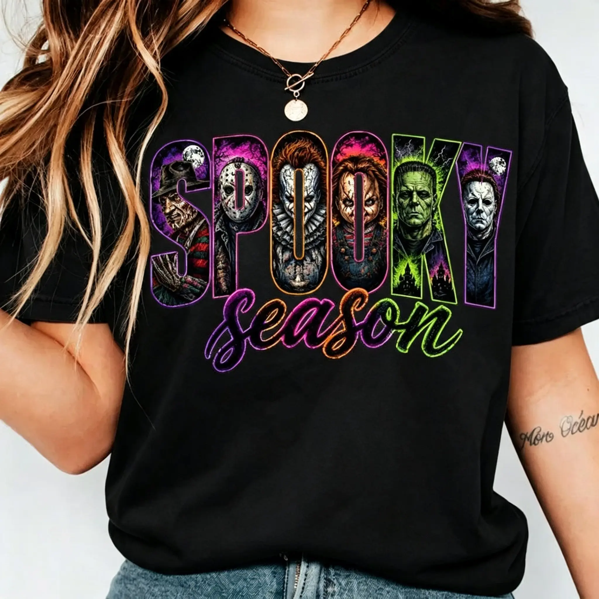 Women's 100% Cotton Neon Horror Halloween Graphic Tee - Retro Scary Movie Character, Breathable, Spooky Fall Season, Casual, Trendy Stylish Apparel, Machine Washable, Graphic Print, Shortsleeve, Tshirt