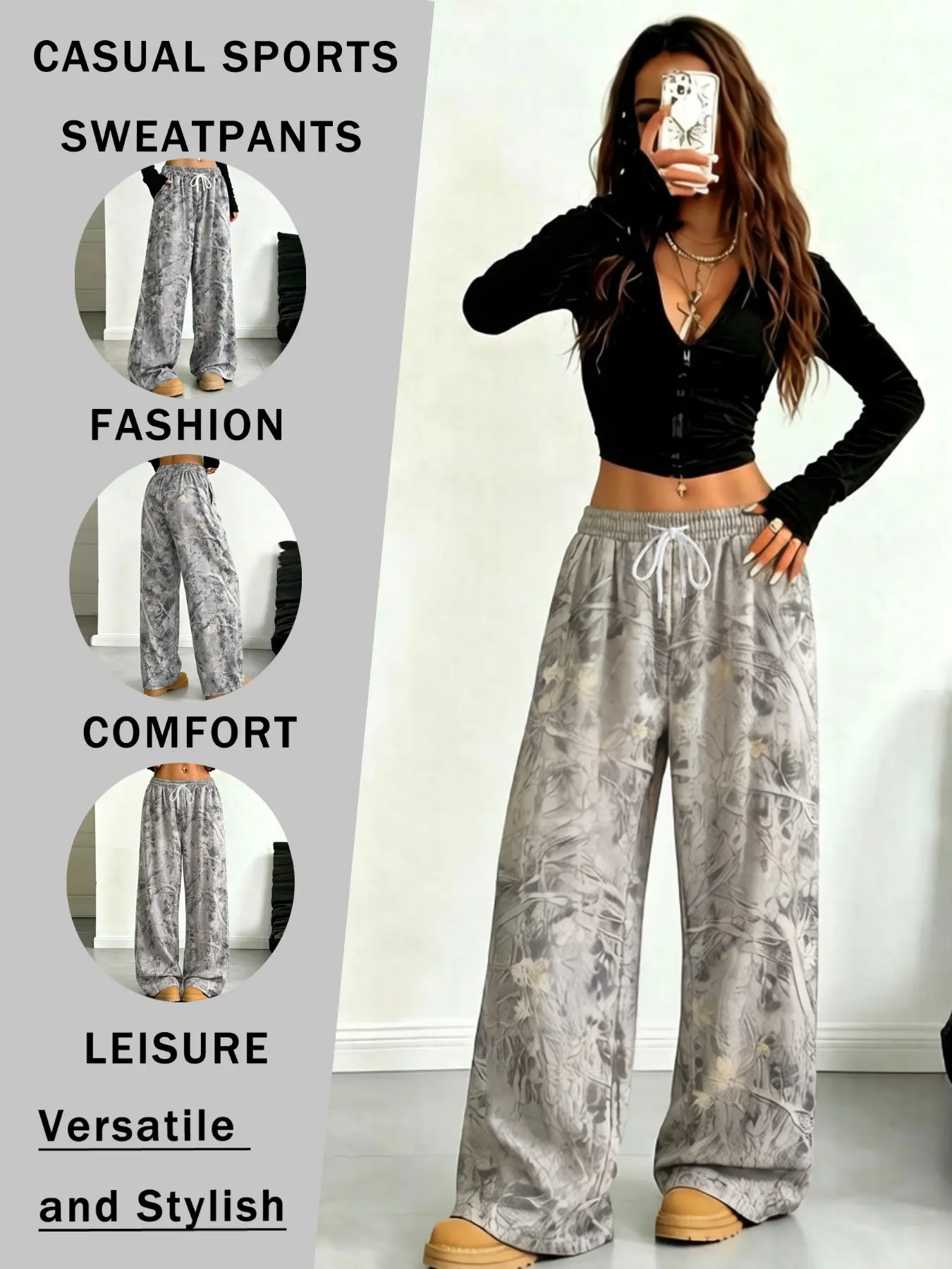 Ladies' Four Seasons American Leisure Tree Branch Camouflage Full Print Elastic Waist Drawstring Loose Pants, Soft and Comfortable Fabric, Sports and Leisure Style Running Pants, Casual Fashion Trousers