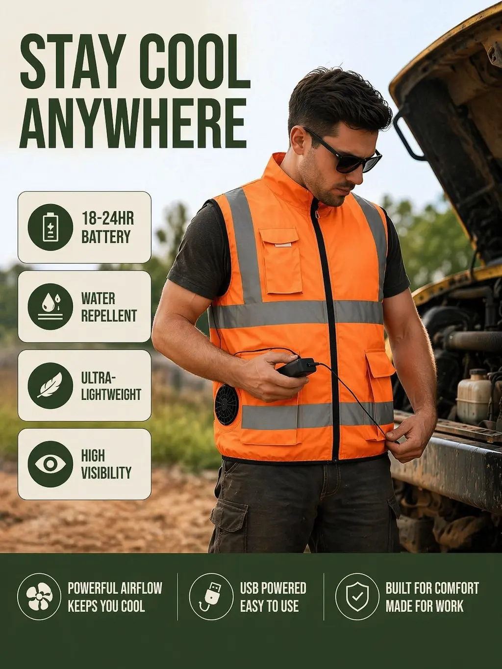 Summer cooling workwear set with fan vest/vest jacket for construction sites—heat-resistant reflective design, unisex outerwear, functional cooling vest available separately