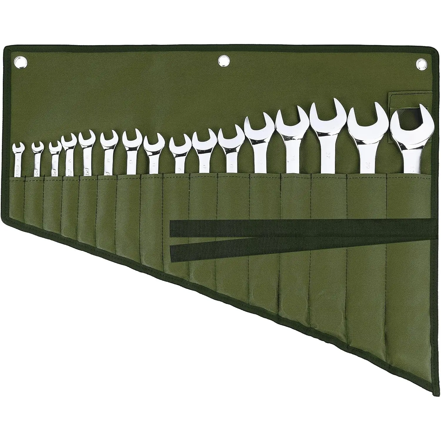 Wrench Roll Organizer 16 Pockets, Wrench Pouch Roll Up with Water Proof Oxford Cloth, Tool Roll Bag for Wrenches Organization, Green