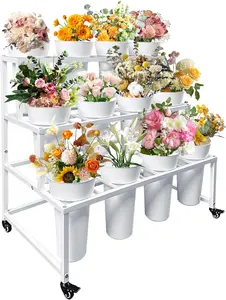 Flower Stand with 12 Buckets, Flower Display Stand with Wheels, Flower Cart, Moving Florist Bouquet Shelf, Rectangular, White
