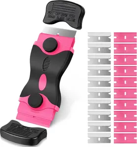 Pink Razor Blade Scraper Tool, 2-in-1 Scraper Tool Set with 20Pcs Razor Blades for Removing Window Labels, Cleaning Razor Scraper for Glass Top Stove, Cooktop, Oven, Floor, Ergonomic Design, Durable & Easy to Carry