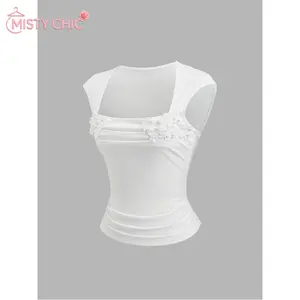 MISTY CHIC French Romantic Girly Chic Ethereal Vintage Palace Style Casual Vacation Date Street Gathering Cap Sleeve High Collar Embroidered 3D Floral Beaded Waist Slimming White T-Shirt Top, Spring/Summer/Autumn