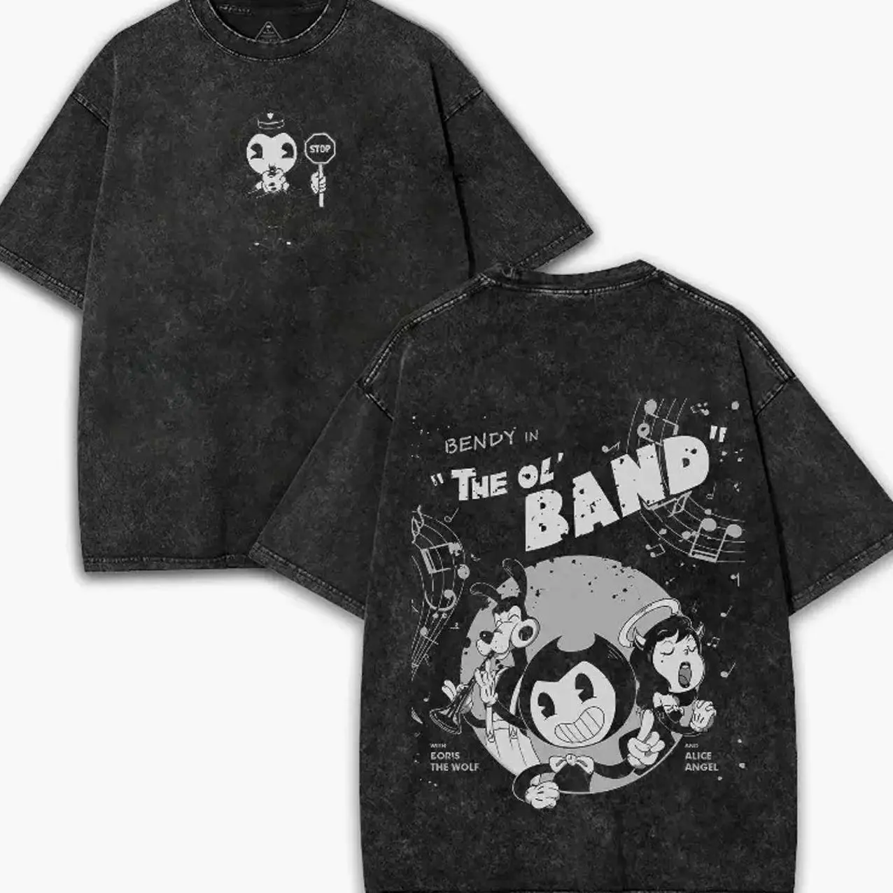 Retro Washed Bendy Boris The Wolf Alice Angel Tee Bendy and The Ink Machine Print Short Sleeve Crewneck Oversized Streetwear T Shirt for Men and Women FCQ XAP