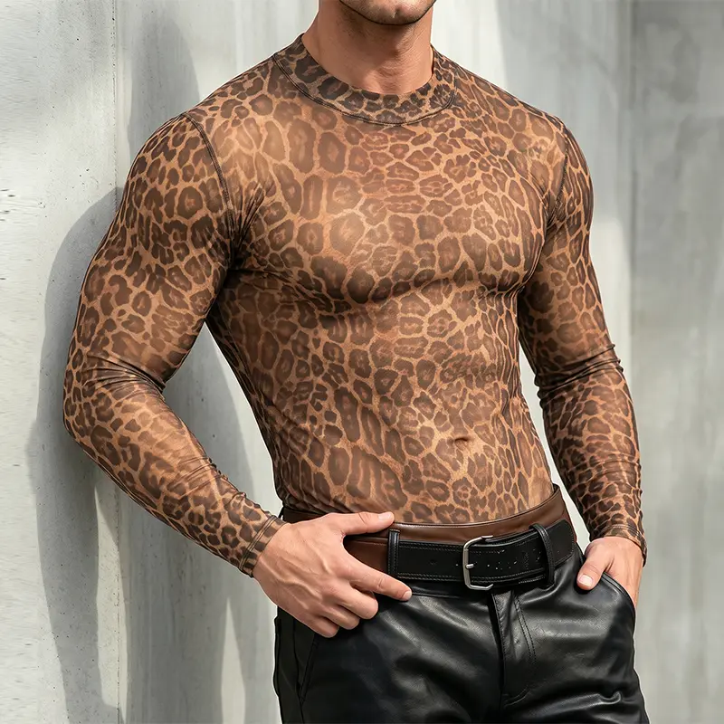 INCERUN Menswear Men's Crew Neck Long Sleeve Basic Simple Polyester Fabric Sheer Leopard Print Streetwear T-Shirt, Casual Party Top