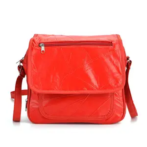Red Patchwork Sheep Leather Crossbody Bag with Adjustable Shoulder Strap