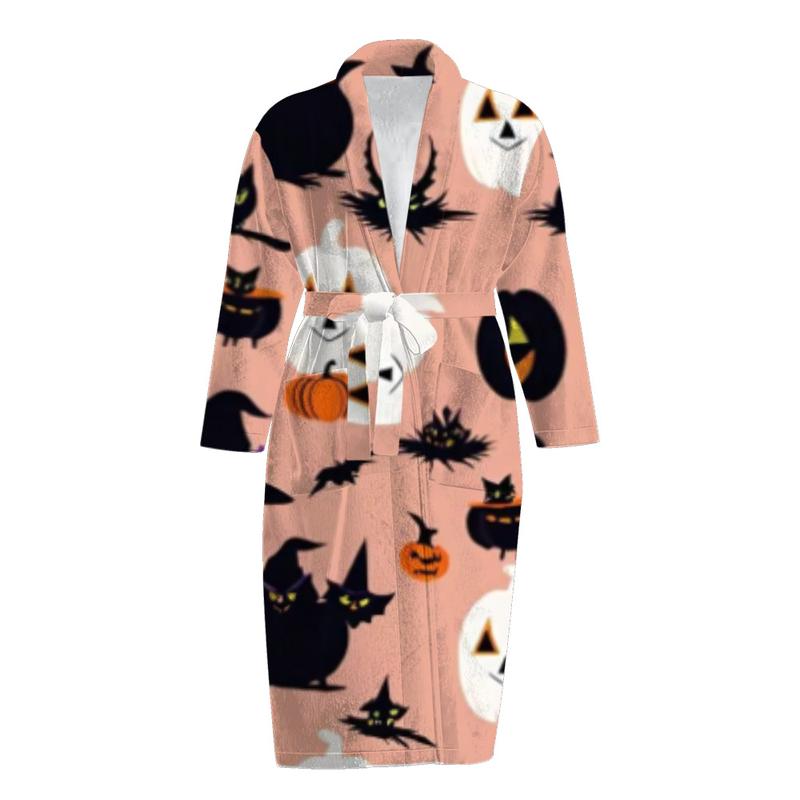 Flannel robe Halloween print autumn and winter plus velvet warm mid-length bathrobe home wear pajamas christmas pajamas