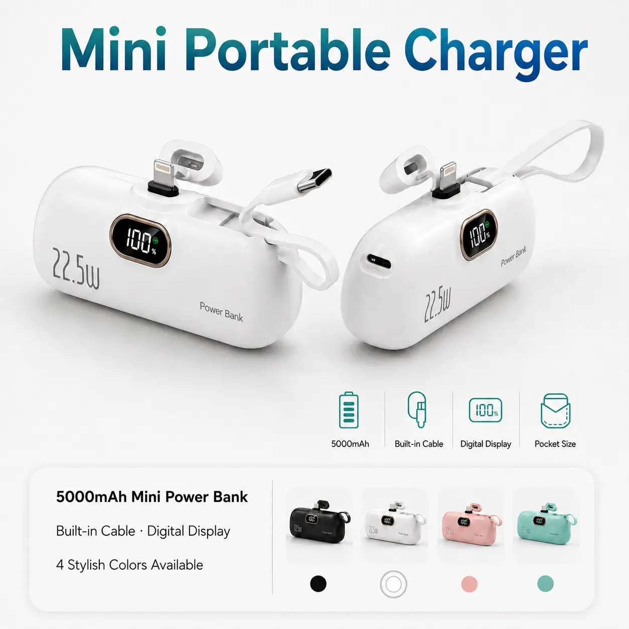 5000mAh Mini Portable Charger, 22.5W Power Bank with Built-in Cable, USB-C & USB-A Ports, Digital Battery Display, Compact Lightweight Battery Pack for iPhone, Samsung, Android, Travel Essentials