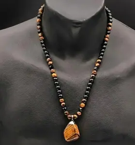 Real Tiger Eye Geometric Pendant Necklace for Men | Natural Stone Beaded Chain | Protection Amulet