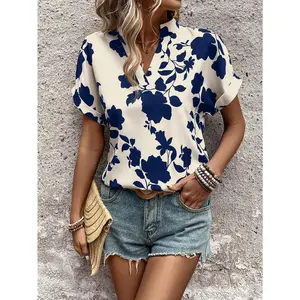 EMERY ROSE Women Summer Vacation Solid Color Big Floral Notched V-Neck Batwing Short-Sleeved Loose Shirt,Short Sleeve Tops