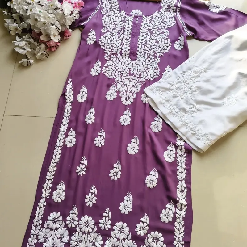 Women's Premium Chikankari Kurti Set with Thread Work Heavy Suit in Purple Color comes with pants