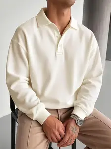 Men's Fall Winter Polo Collar Button Front Classic Long Sleeve Knit Pullover Sweater, Casual Fitted Plain Design, Moderate Fabric Thickness, Perfect for Daily Wear, Knitwear