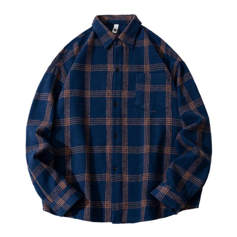 Thickened brushed flannel plaid shirt, men's spring and autumn plaid shirt, retro casual versatile couple shirt jacket, long sleeve buttoned collar flip top, soft and comfortable fabric, suitable for daily wear