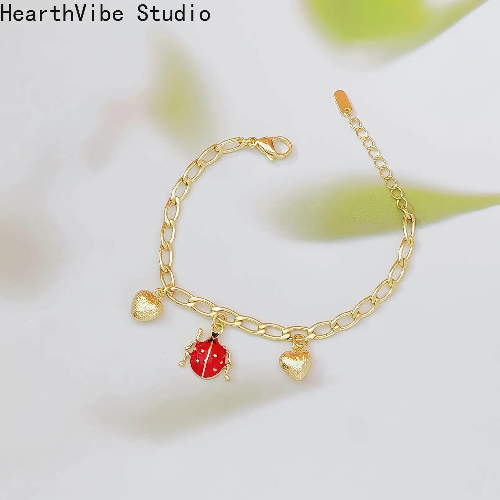 Bohemian Vibe Charm Bracelet - Adjustable Bangle, Tarnish-Free Band Sports Wristband with HearthVibe Studio Ladybug Charm, Golden Heart Pendant, Versatile Daily Wear Sports Accessory, Band Sports Wristbands