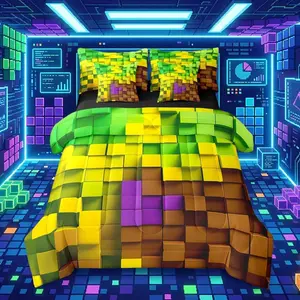 Pixelated Yellow Green Brown 7 Piece Bedding Set ,Geometric Check Video Games Bed in a Bag for Boys Girls ,Gamepad Grid Comforter Set with Sheets,Pillowcases & Cushion Cover Room Decor
