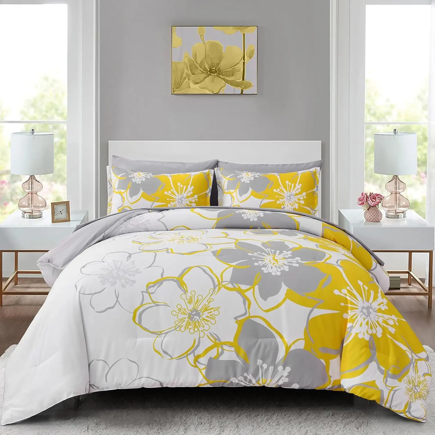 Yellow Floral Comforter Set Full Size 7 count Reversible Bed in a Bag with Sheets Set for All Season, Soft Microfiber Complete Bedding Set All Season (78''x90'')