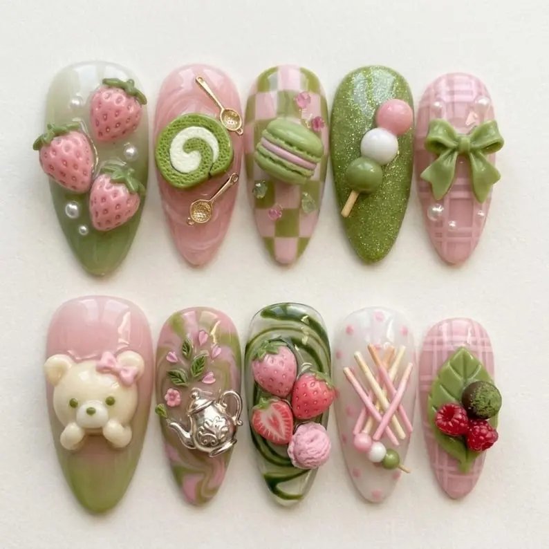 Matcha Strawberry Dessert Press On Nails Kawaii 3D Sweets Fake Nails Coquette
