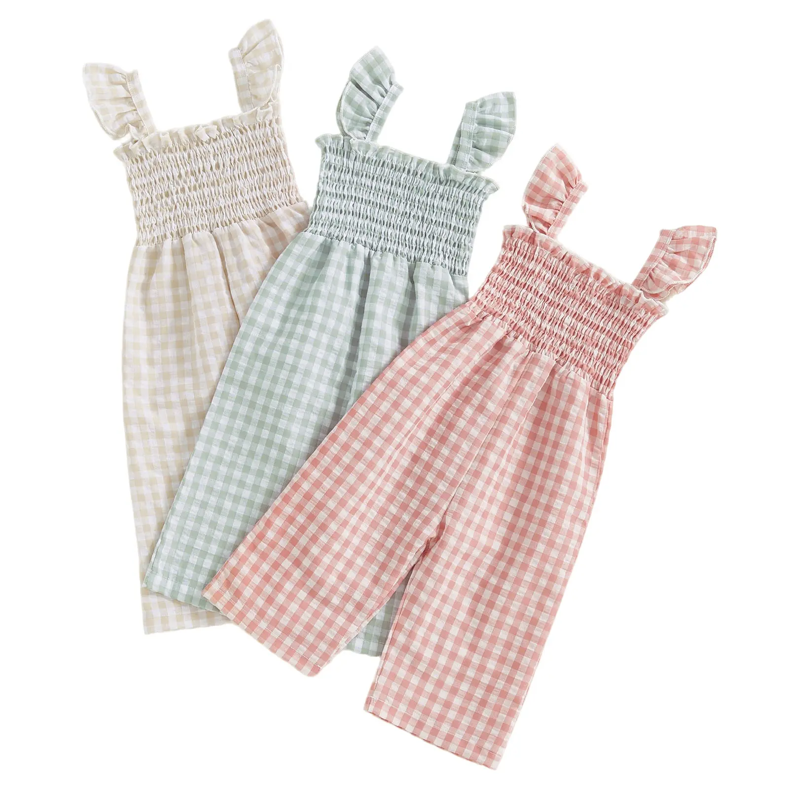Toddler Baby Little Girl Wide Leg Romper Fly Sleeveless Ruffle Smocked Overalls Jumpsuit Boho Summer Clothes 6M-4T