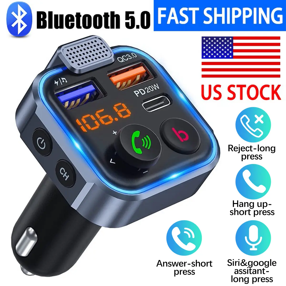 Wireless 5.0 FM Radio Transmitter for Car, Summer MP3 Music Player, QC3.0 PD 20W USB Car Charger with Ambient Light & Hands-free Phone Calling, Car Ac