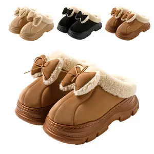 Women's Bowknot Decorative EVA Thick-Soled Cotton Slippers for Winter Indoor Outdoor Warm Wear-Resistant Shoes