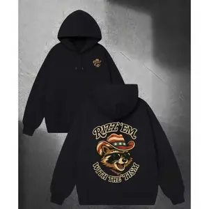 Black Hoodie with Front Small Raccoon in Cowboy Hat and Back 'RIZZ 'EM WITH THE 'TISM' Text & Raccoon Graphic