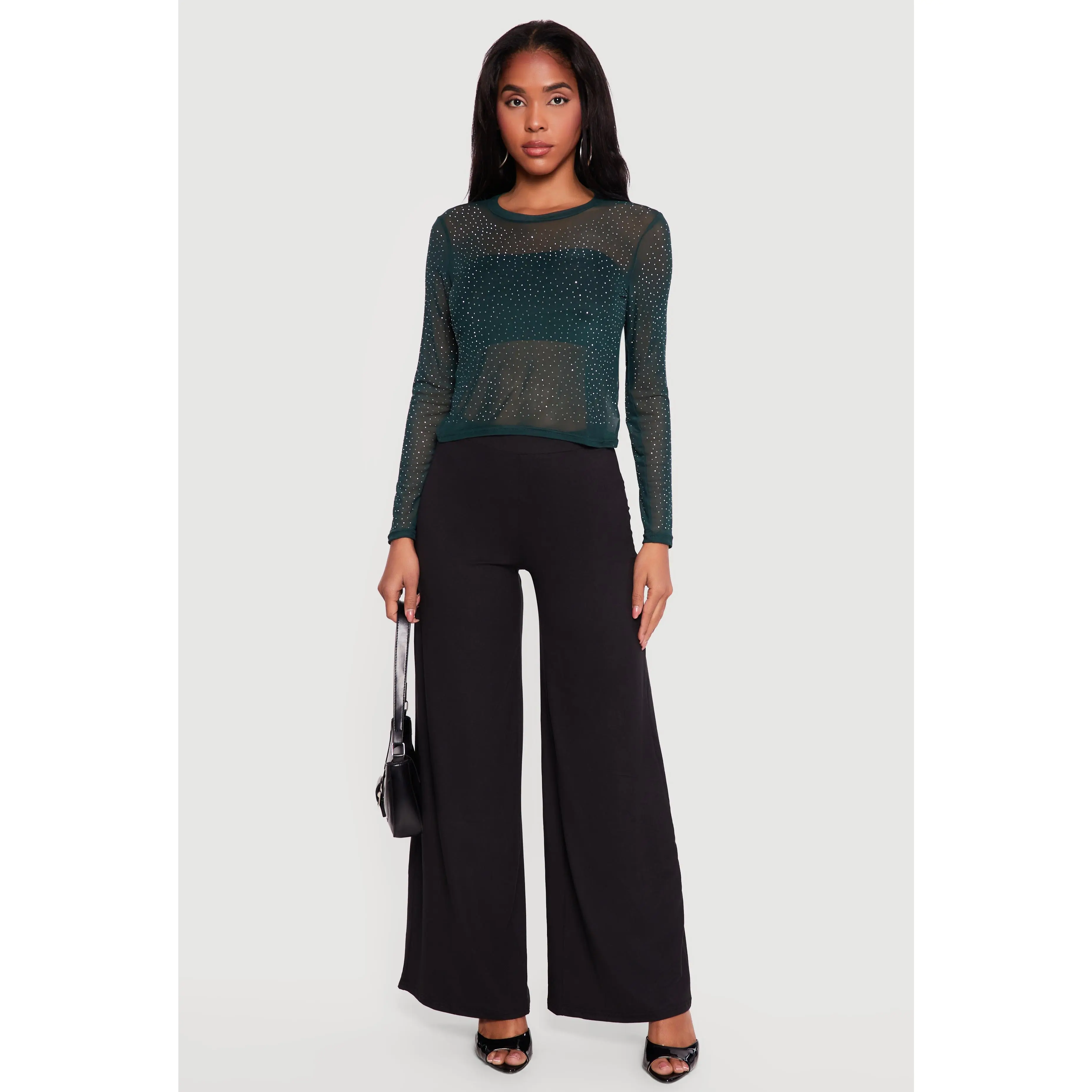 Rhinestone Mesh Long Sleeve Top