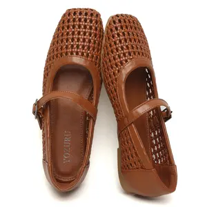 Women's Woven Mesh Mary Jane Ballet Flats – Squared Toe Buckle Strap Comfortable Casual Dressy Leather Flats for Women