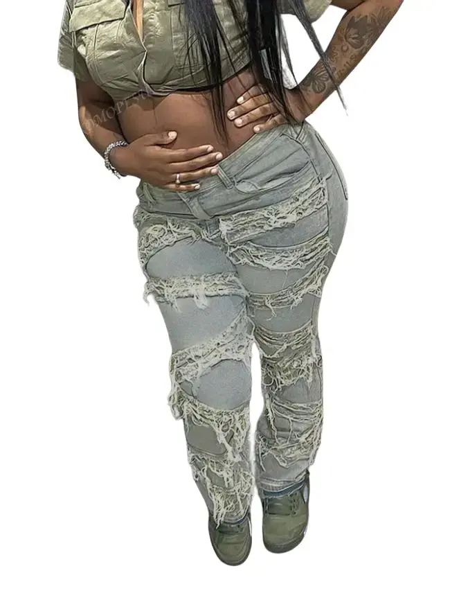 Women's High-Waisted Skinny Ripped Jeans Slim Fit Patchwork Denim Pants with Button Closure All-Season Casual Streetwear Y2K Goth Hip Hop Trousers