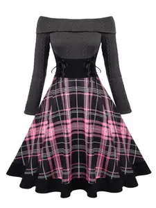 Women's Retro Vintage Plaid Off-Shoulder Knit Dress, Plus Size Long Sleeve Fall & Winter Fashion, Slim-Fitting Casual Wear