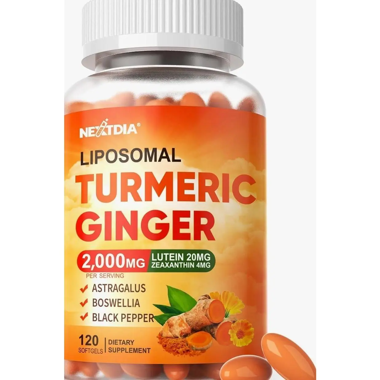 Liposomal Turmeric Curcumin and Ginger Supplement Softgels 2000mg, 95% Curcuminoids, Organic Turmeric Root Extract with Black Pepper for Superior Absorption, Plus Lutein Zeaxanthin, Non-GMO, 120 Pills