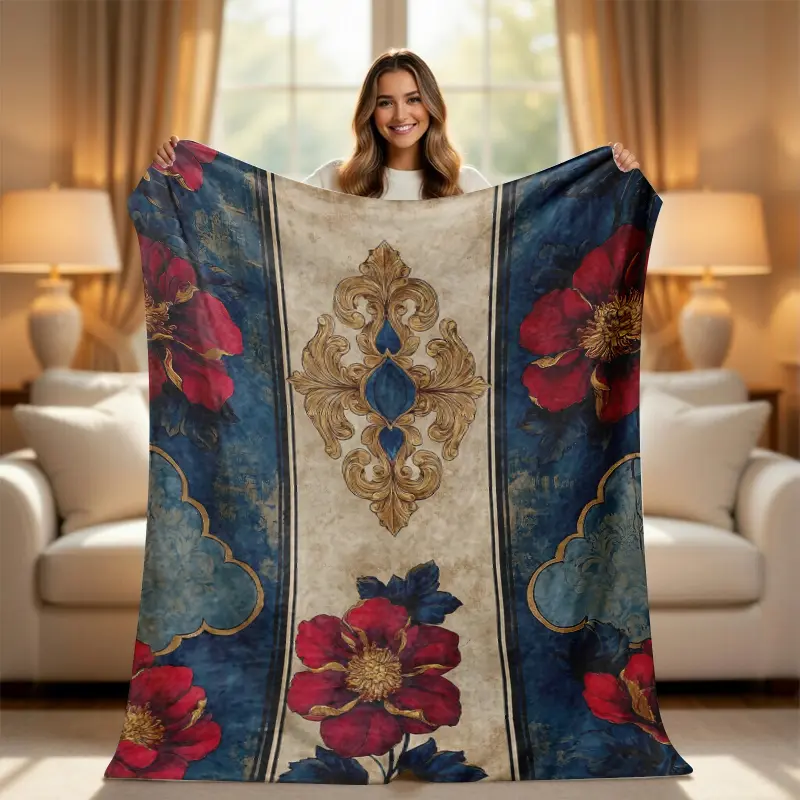 Vintage Baroque Floral Throw - Luxury Navy Blue Red Rose Flower Blanket for Bed, Couch - Dark Academia Royal Room Decor, Elegant Cozy Gift (Baroque & Flower Blankets Collection), Baroque Blankets