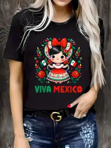 Plus Size, Print Plus Size Women's Casual T-Shirt, Round Neck, Short Sleeved, Slightly Elastic Fabric, Regular Style, Comfortable Top for All Seasons Women Clothes